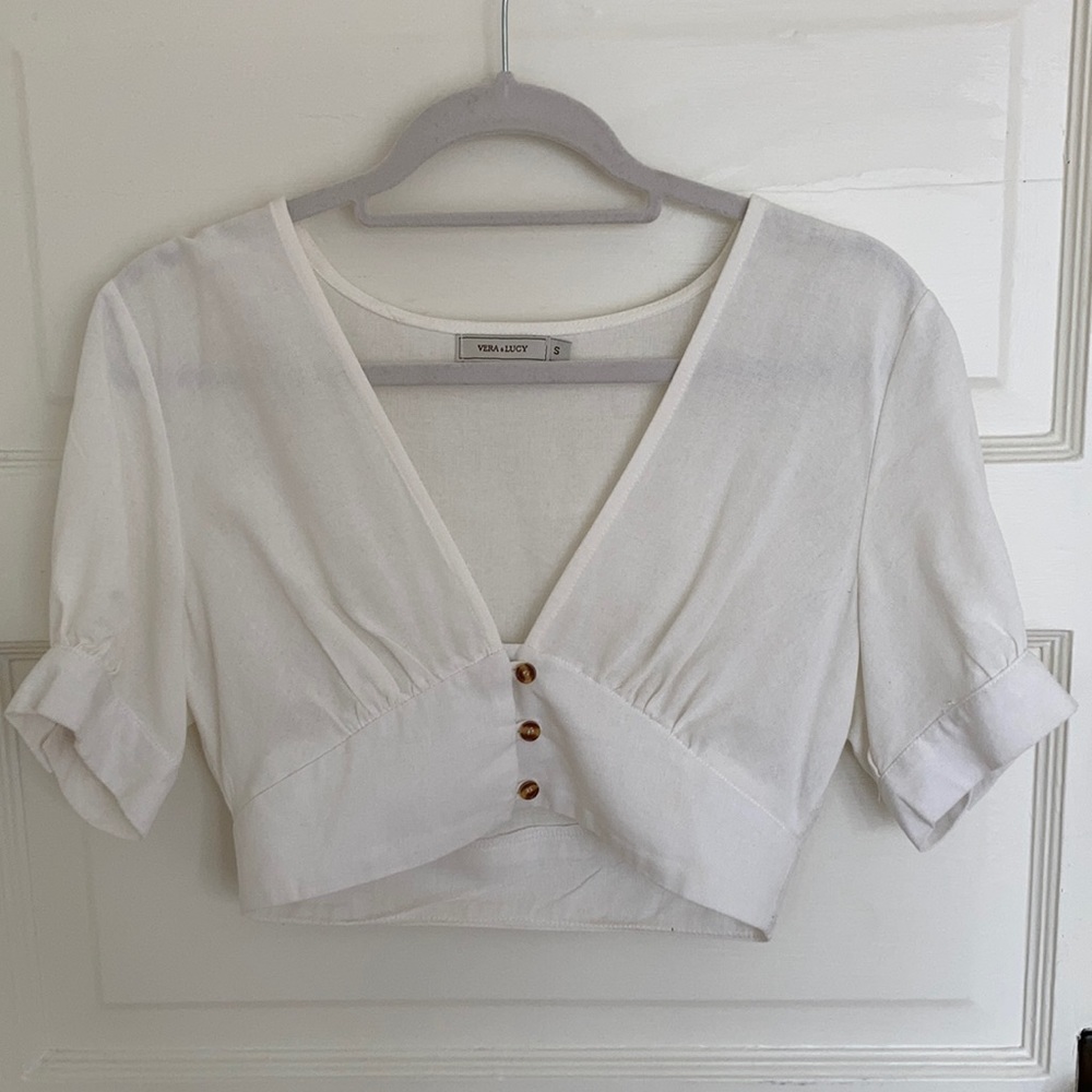 Vera & Lucy linen slight puff sleeve crop top